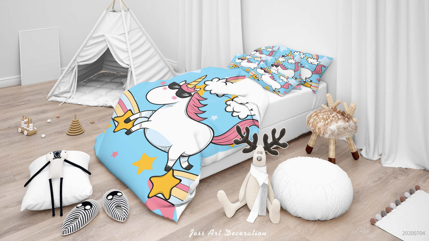 3D Blue Star Rainbow Unicorn Quilt Cover Set Bedding Set Duvet Cover Pillowcases SF147