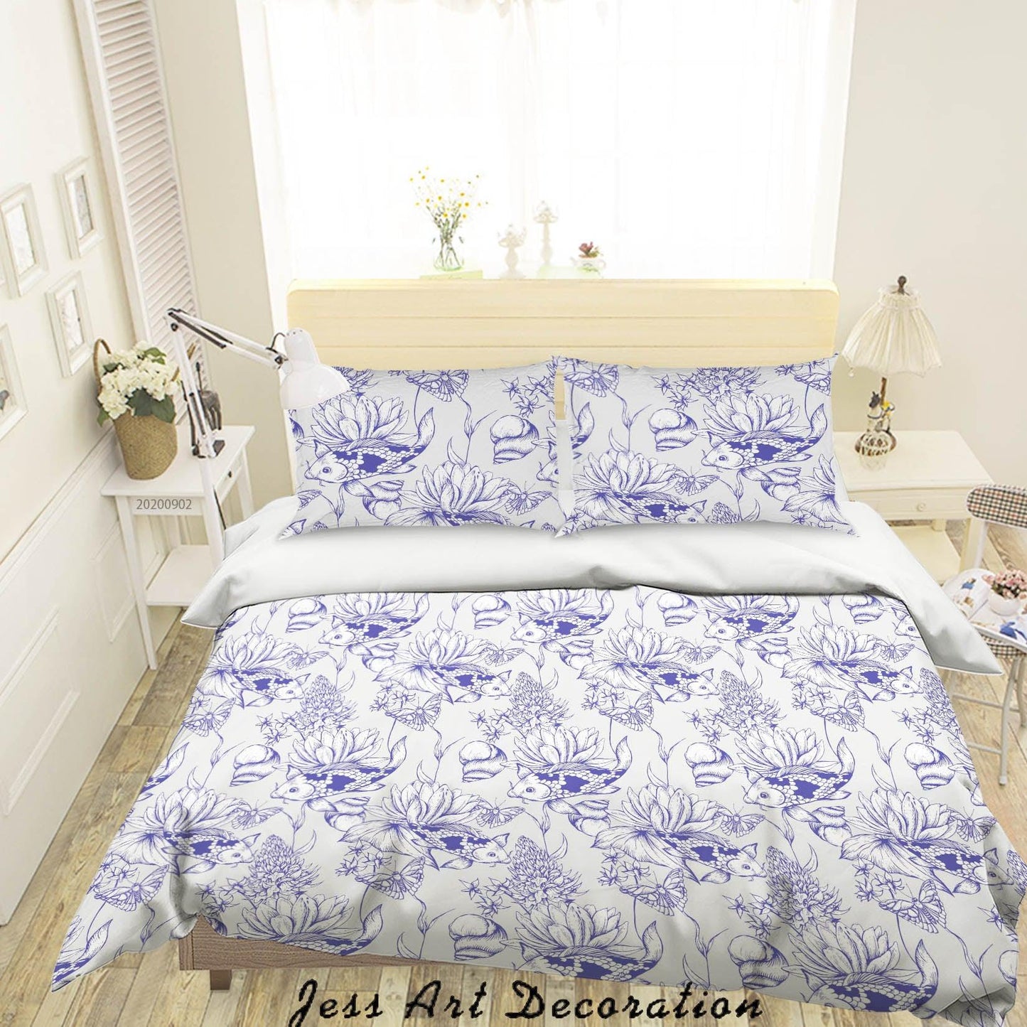 3D Blue Fishes Flowers Butterfly Pattern Quilt Cover Set Bedding Set Duvet Cover Pillowcases WJ 1491
