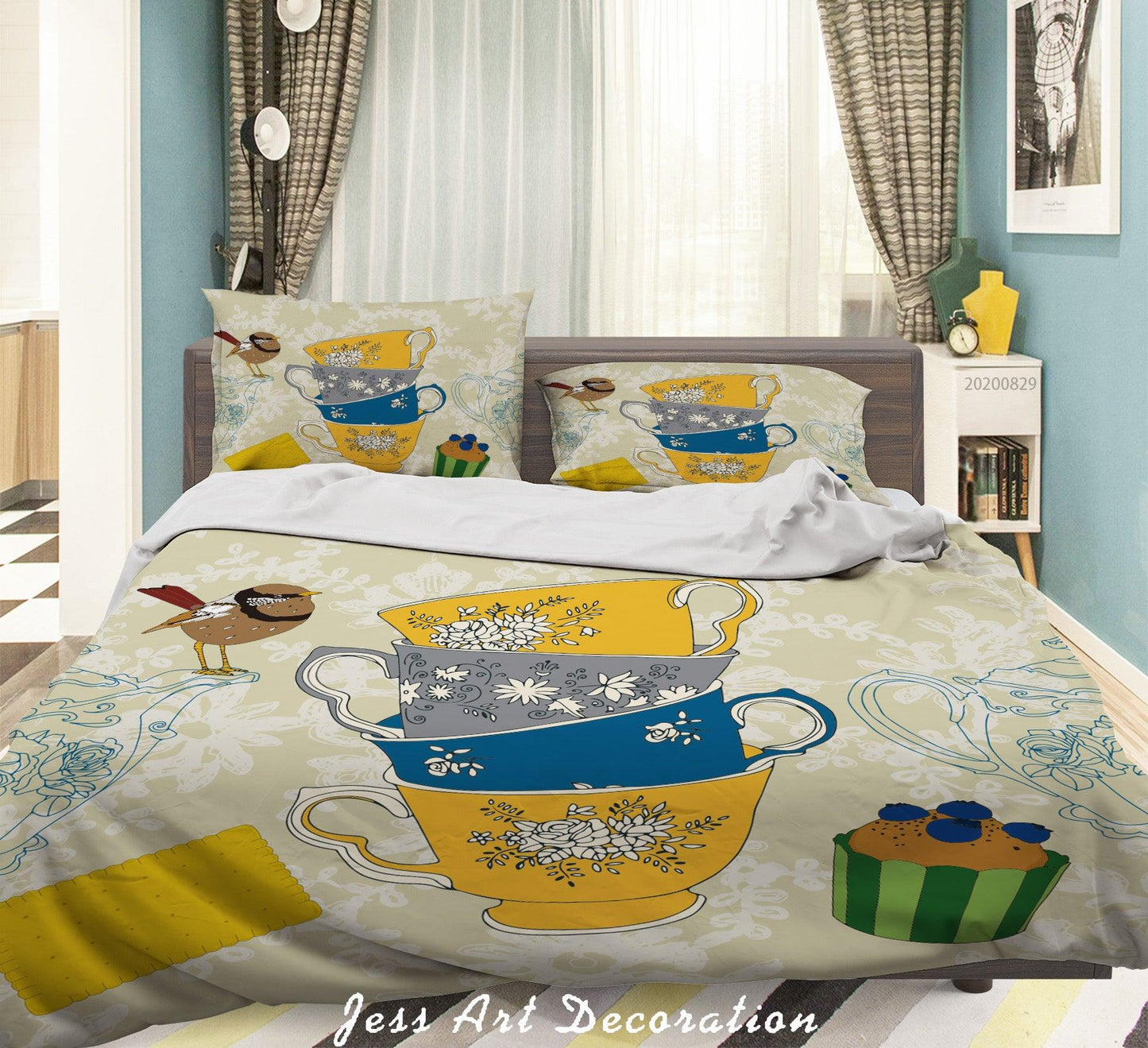 3D Abstract Hand Draw Cartoon Teacup Bird Pattern Quilt Cover Set Bedding Set Duvet Cover Pillowcases WJ 3574