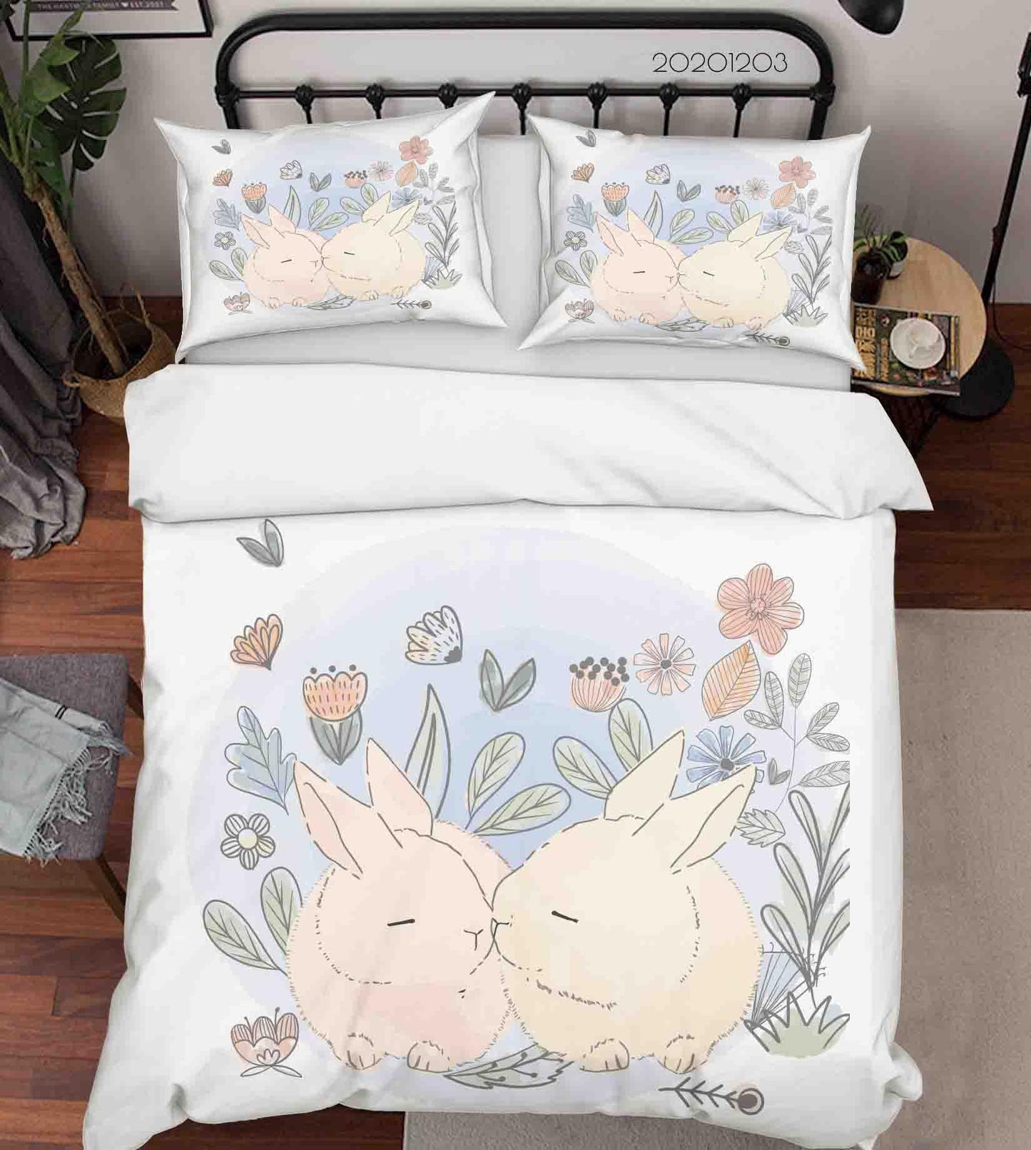 3D Cartoon Hand Drawn Floral Plant Bunny Couple Animal Quilt Cover Set Bedding Set Duvet Cover Pillowcases LXL