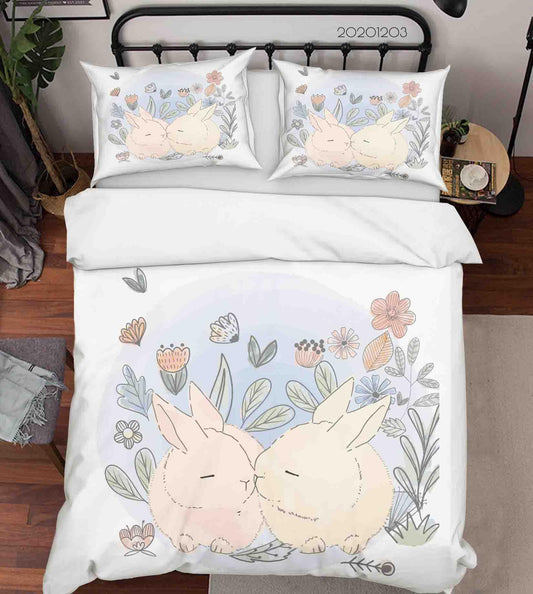 3D Cartoon Hand Drawn Floral Plant Bunny Couple Animal Quilt Cover Set Bedding Set Duvet Cover Pillowcases LXL