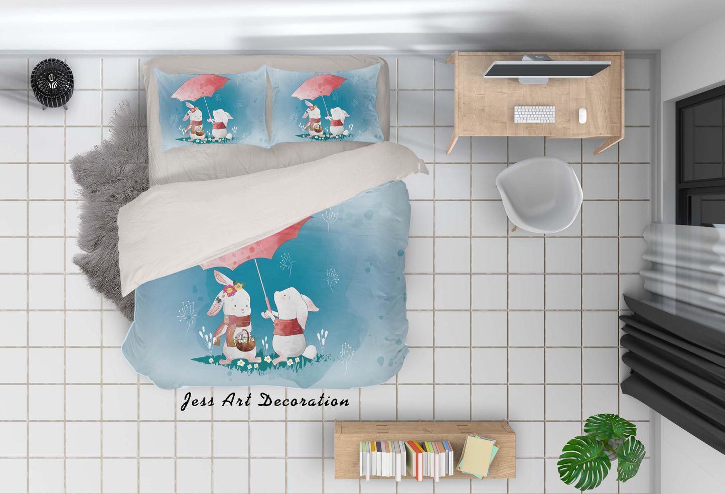 3D Blue Rabbit Umbrella Quilt Cover Set Bedding Set Duvet Cover Pillowcases SF60