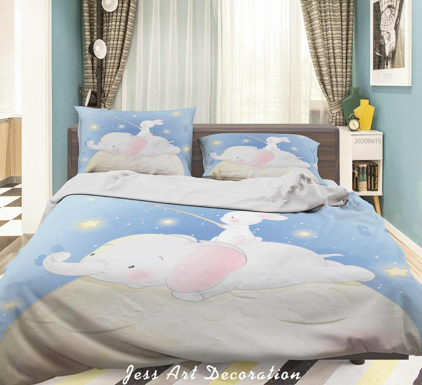 3D  Blue Cartoon Elephant Rabbit Star Quilt Cover Set Bedding Set Duvet Cover Pillowcases SF27