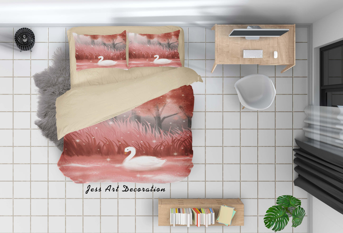 3D Cartoon Pink Swan Lake Tree Quilt Cover Set Bedding Set Duvet Cover Pillowcases A613 LQH