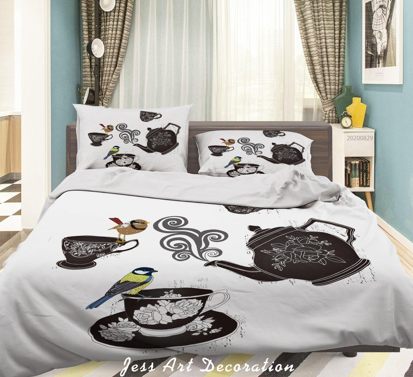 3D Abstract Hand Draw Cartoon Teacup Bird Pattern Quilt Cover Set Bedding Set Duvet Cover Pillowcases WJ 3575