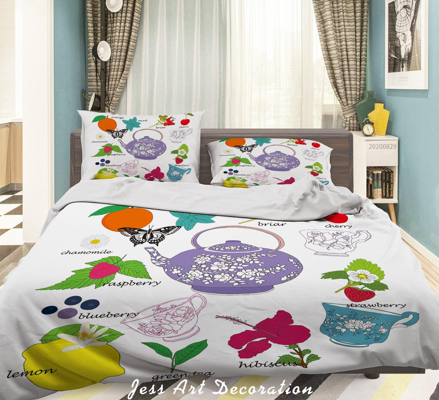 3D Abstract Hand Draw Cartoon Teacup Butterfly Pattern Quilt Cover Set Bedding Set Duvet Cover Pillowcases WJ 3579