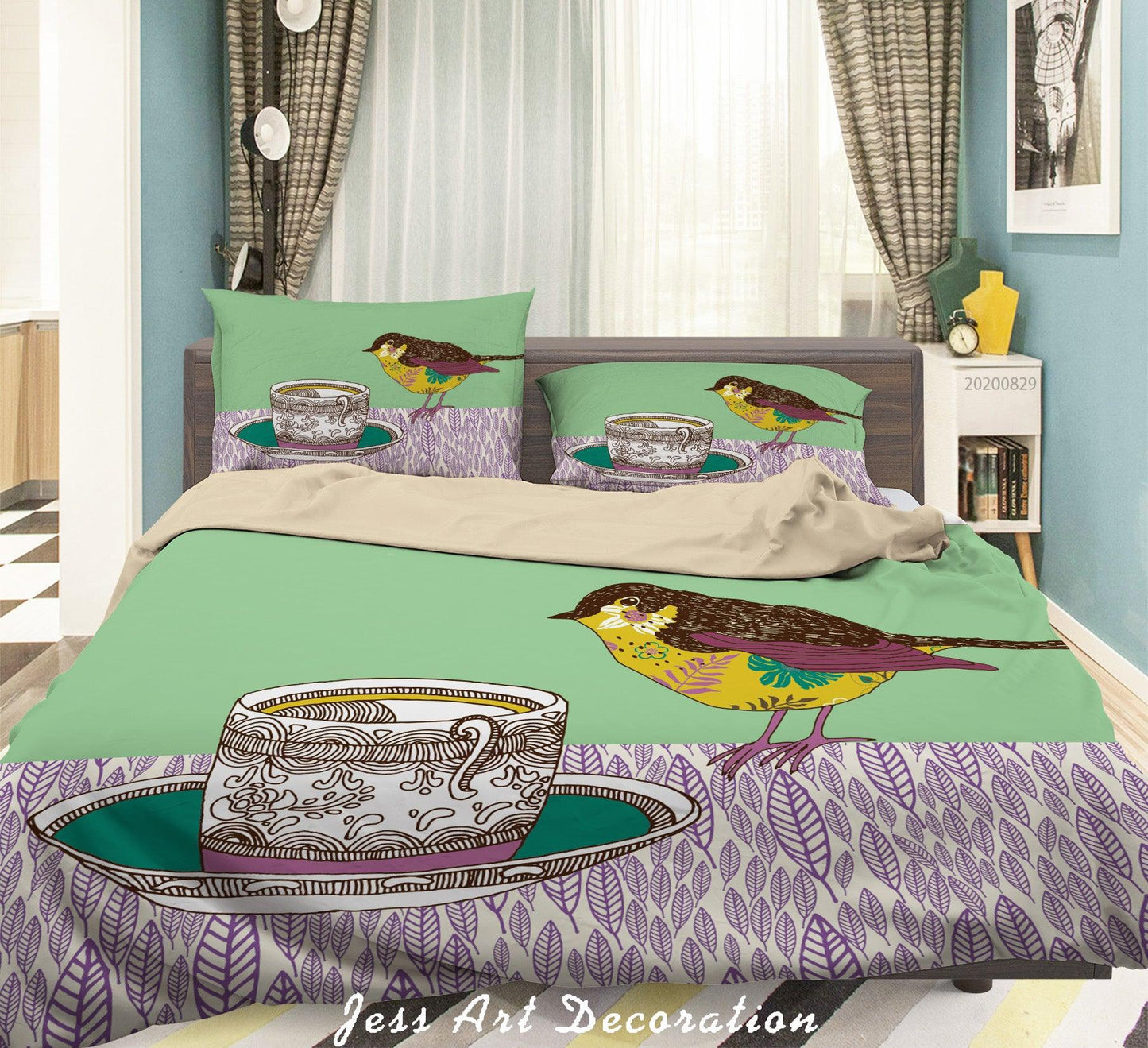 3D Abstract Hand Draw Cartoon Bird Teacup Pattern Quilt Cover Set Bedding Set Duvet Cover Pillowcases WJ 3555