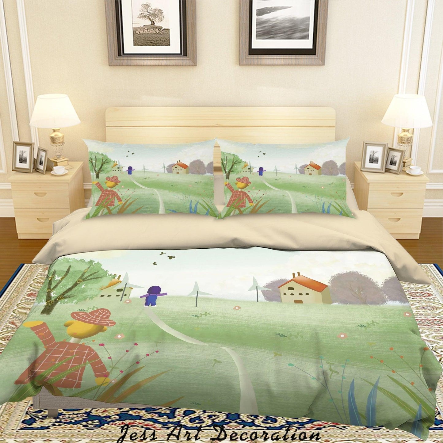 3D Cartoon Green Lawn Windmill Girl Quilt Cover Set Bedding Set Duvet Cover Pillowcases A598 LQH