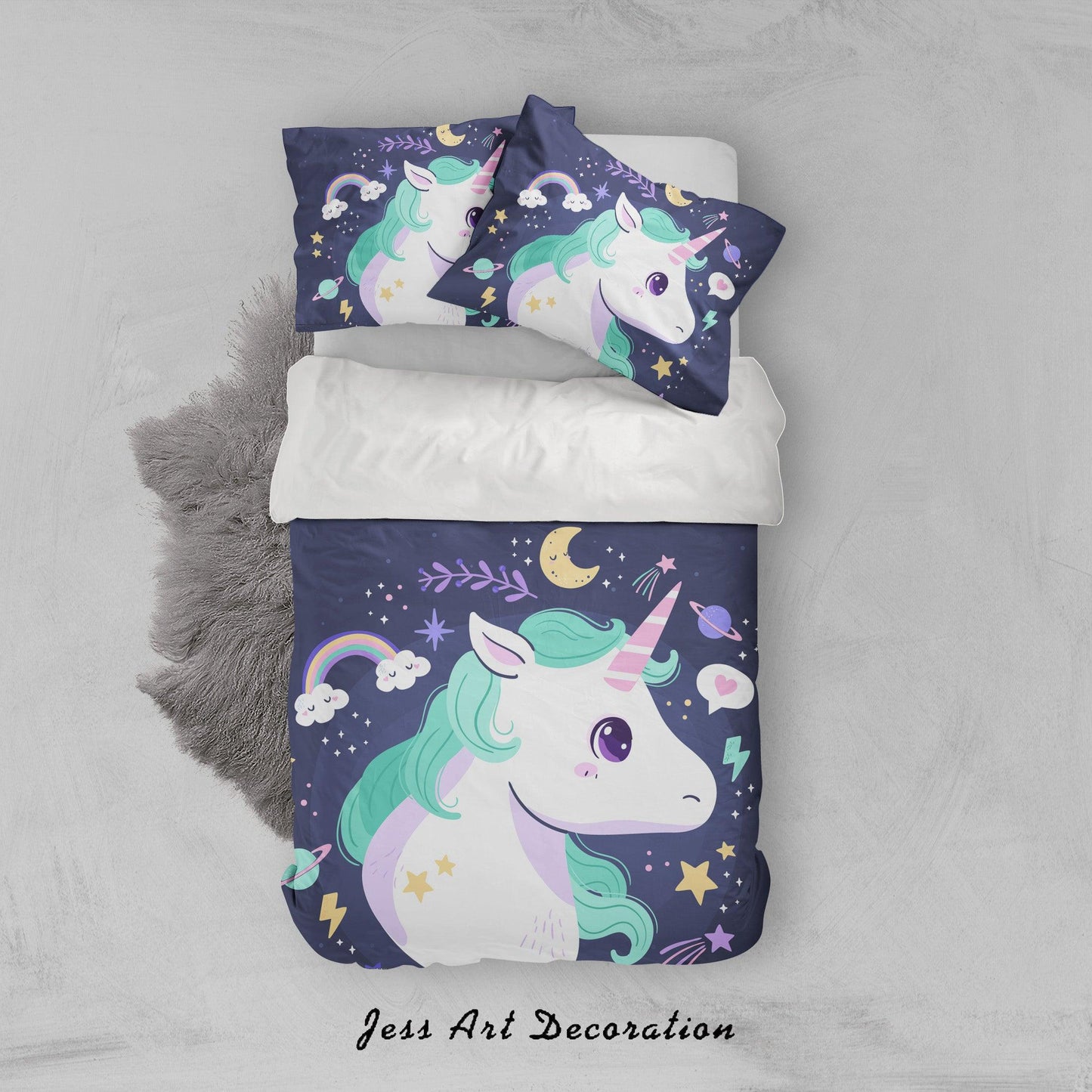 3D Blue Unicorn Rainbow Star Floral Quilt Cover Set Bedding Set Pillowcases 50