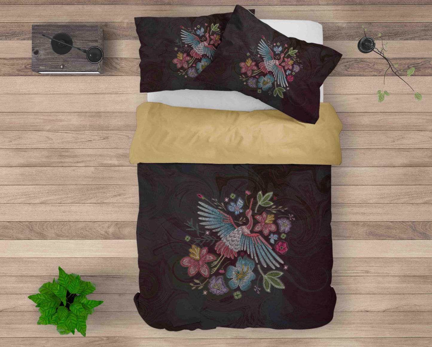 3D Black Embroidery Butterfly Crane Floral Quilt Cover Set Bedding Set Duvet Cover Pillowcases SF009