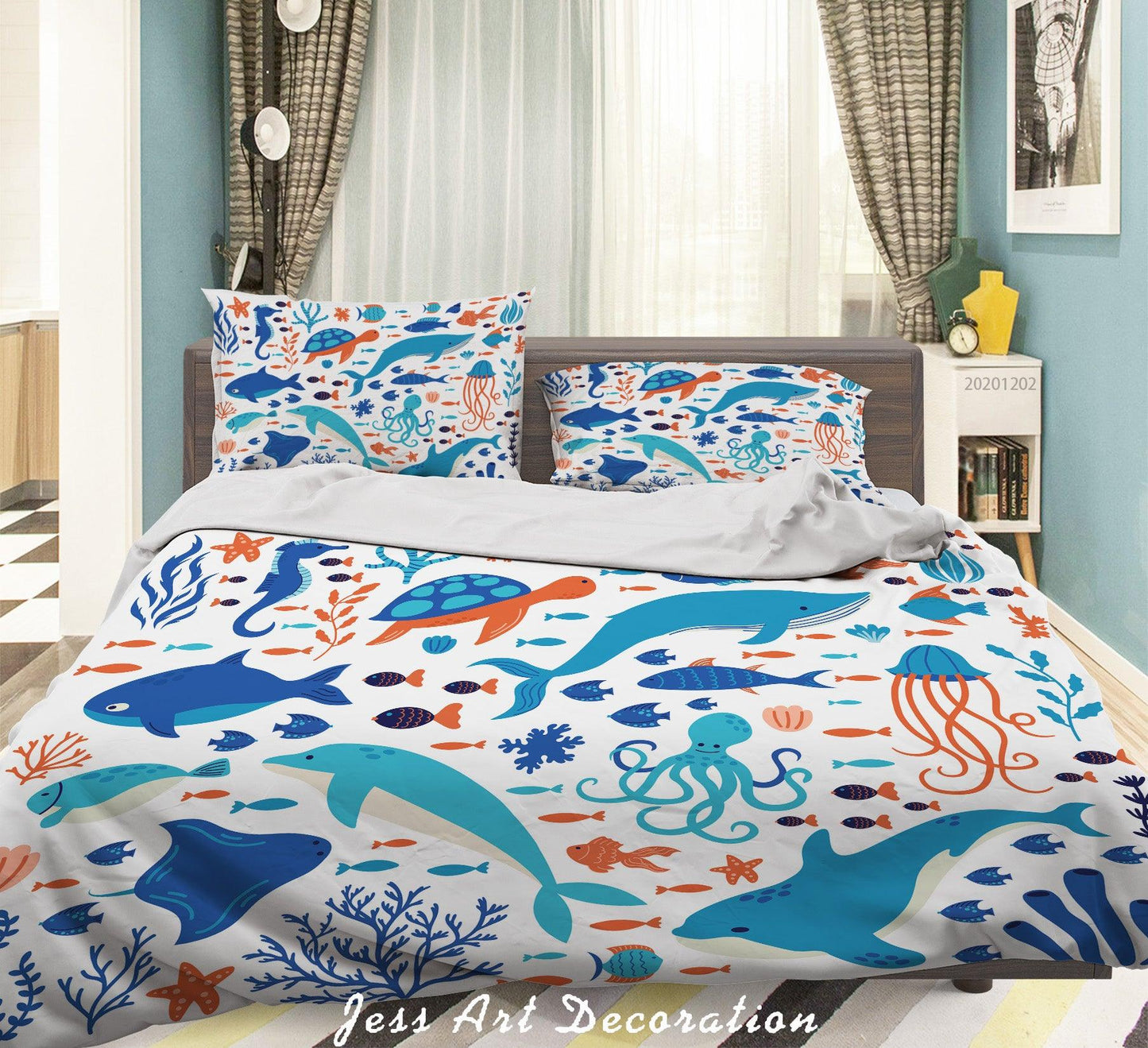 3D Cartoon Colorful Ocean Dolphin Octopus Whale Fish Seaweed Quilt Cover Set Bedding Set Duvet Cover Pillowcases LXL