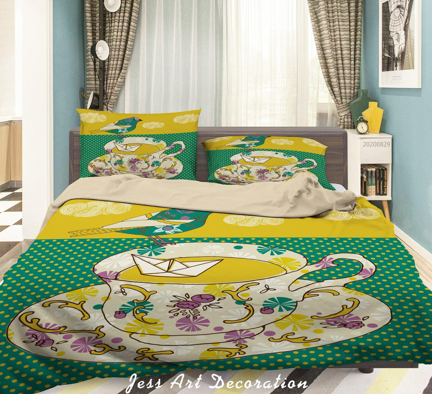 3D Abstract Hand Draw Cartoon Teacup  Pattern Quilt Cover Set Bedding Set Duvet Cover Pillowcases WJ 3553