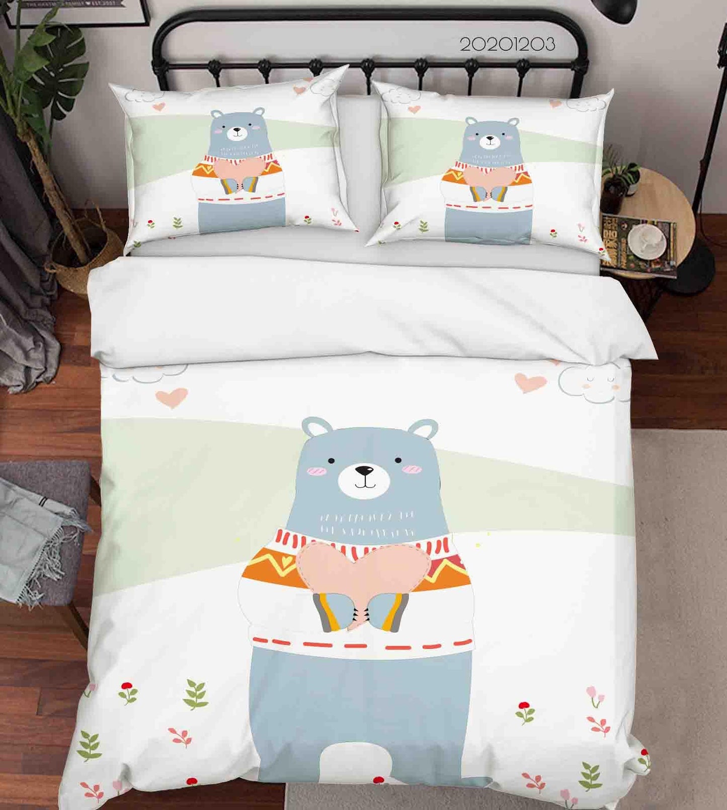 3D Cartoon Hand Drawn Blue Bear Animal Floral Plant Quilt Cover Set Bedding Set Duvet Cover Pillowcases LXL