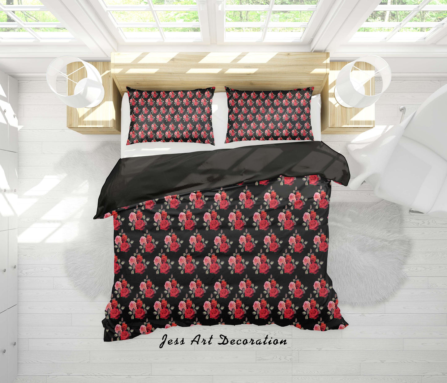 3D Black Red Rose Flowers Quilt Cover Set Bedding Set Duvet Cover Pillowcases SF84