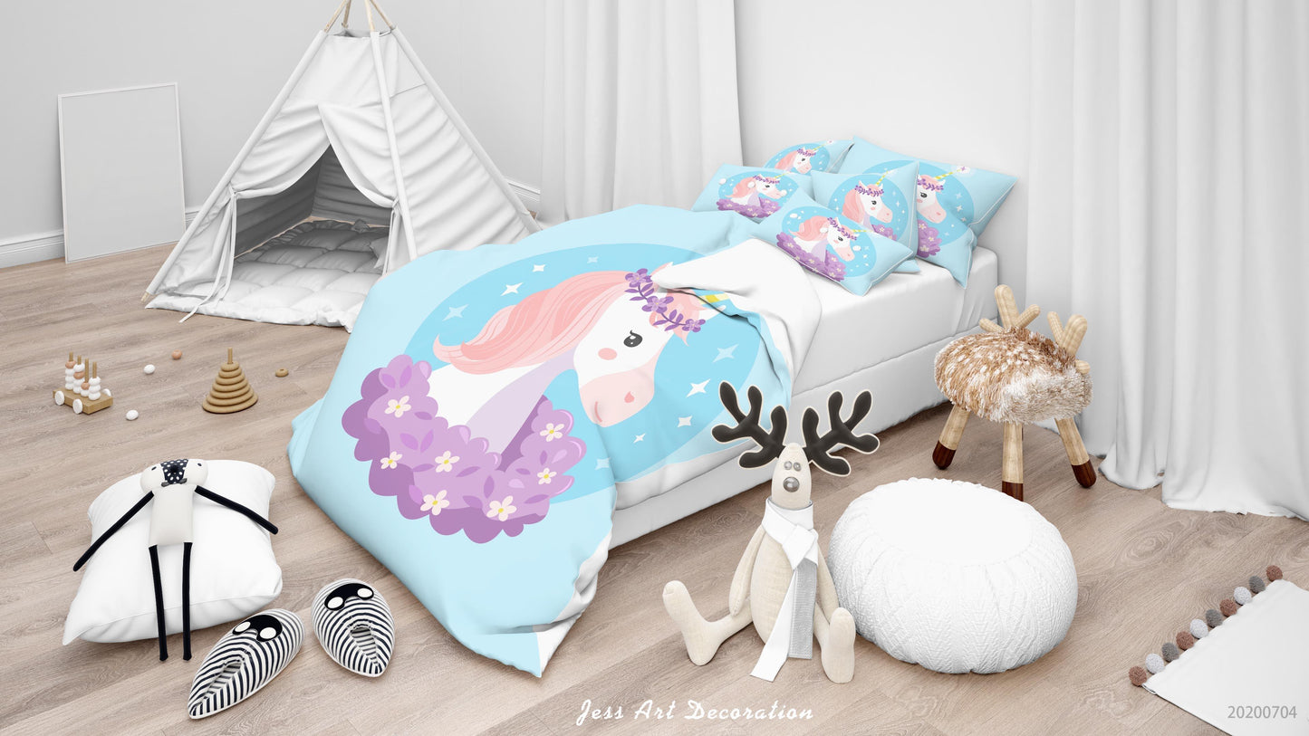 3D Blue Unicorn Quilt Cover Set Bedding Set Duvet Cover Pillowcases SF286
