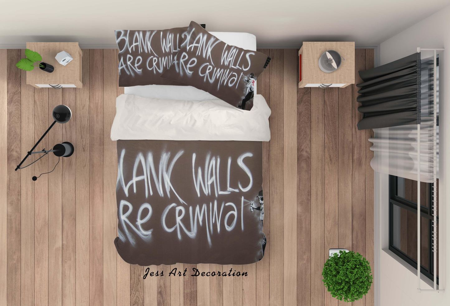 3D Banksy Mural White Letter Brown Quilt Cover Set Bedding Set Duvet Cover Pillowcases  ZY D123