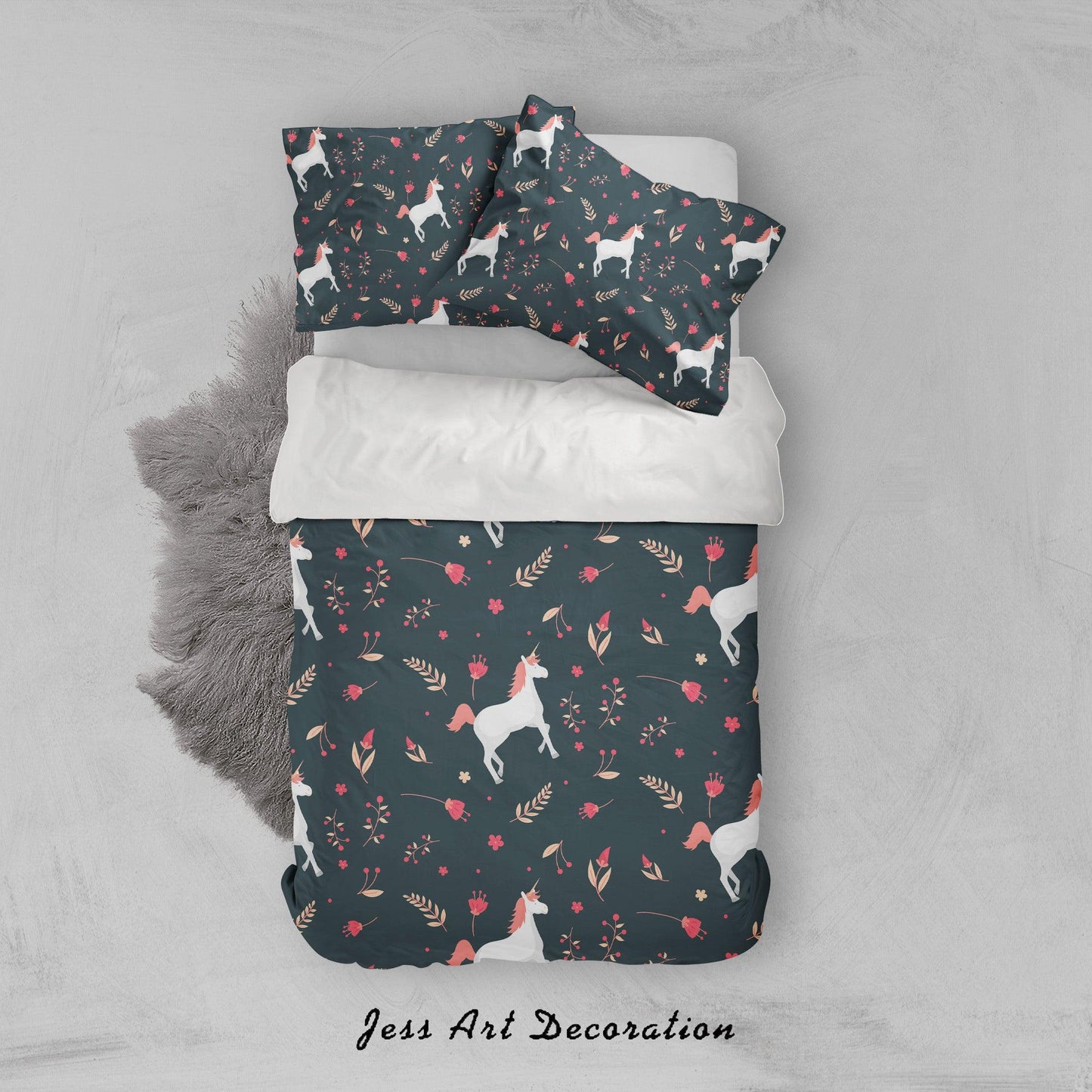 3D Black Unicorn Floral Quilt Cover Set Bedding Set Pillowcases 77