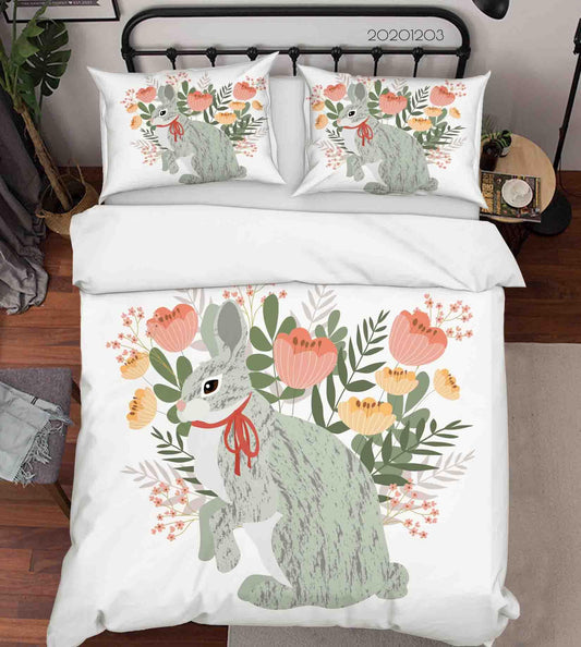 3D Cartoon Hand Drawn Colorful Floral Plant Illustration Bunny Animal Quilt Cover Set Bedding Set Duvet Cover Pillowcases LXL