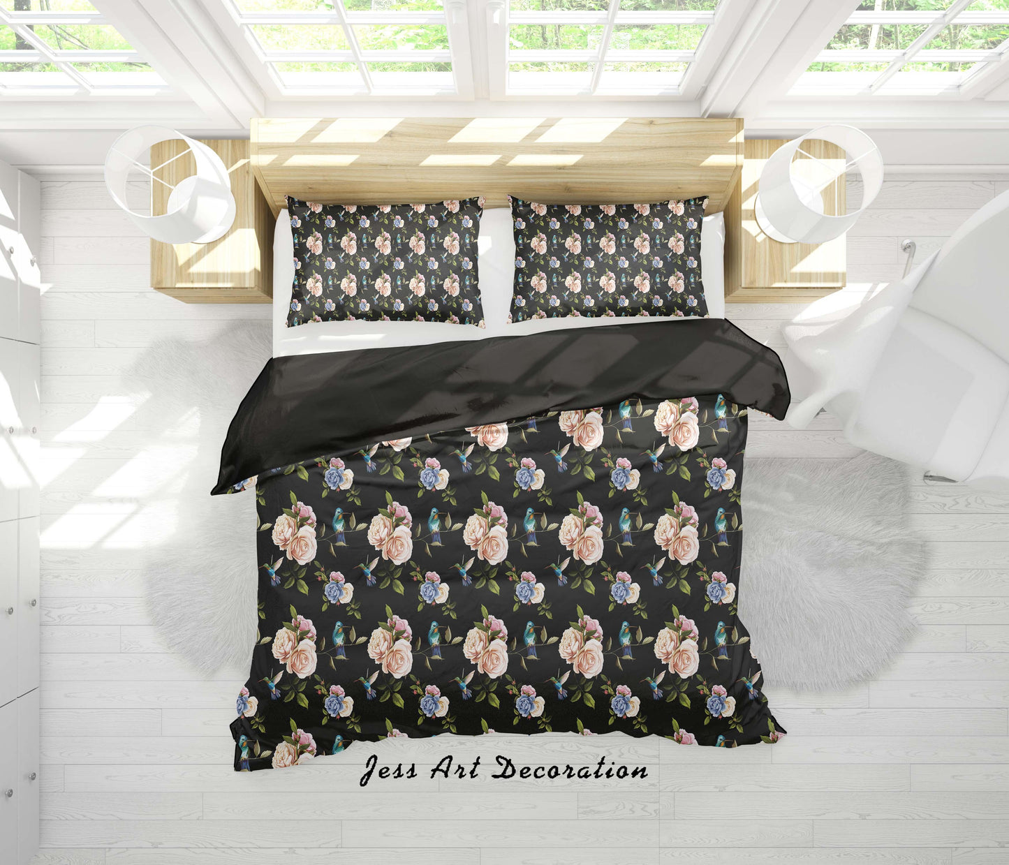 3D Black Birds Flowers Quilt Cover Set Bedding Set Duvet Cover Pillowcases SF1