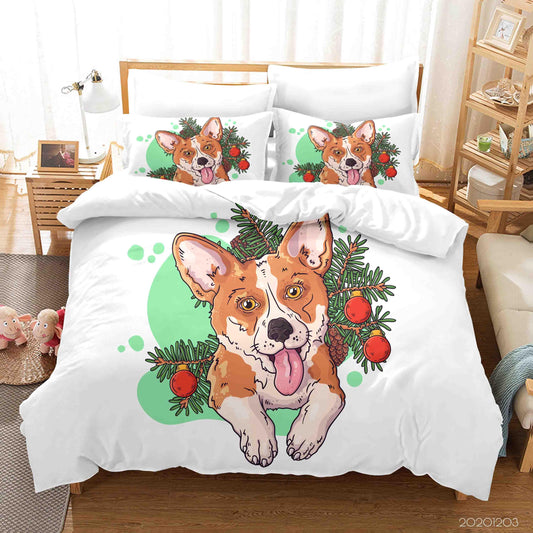 3D Cartoon Hand Drawn Illustrations Portrait Cute Corgi Dog Christmas Tree Animal Plant Quilt Cover Set Bedding Set Duvet Cover Pillowcases LXL