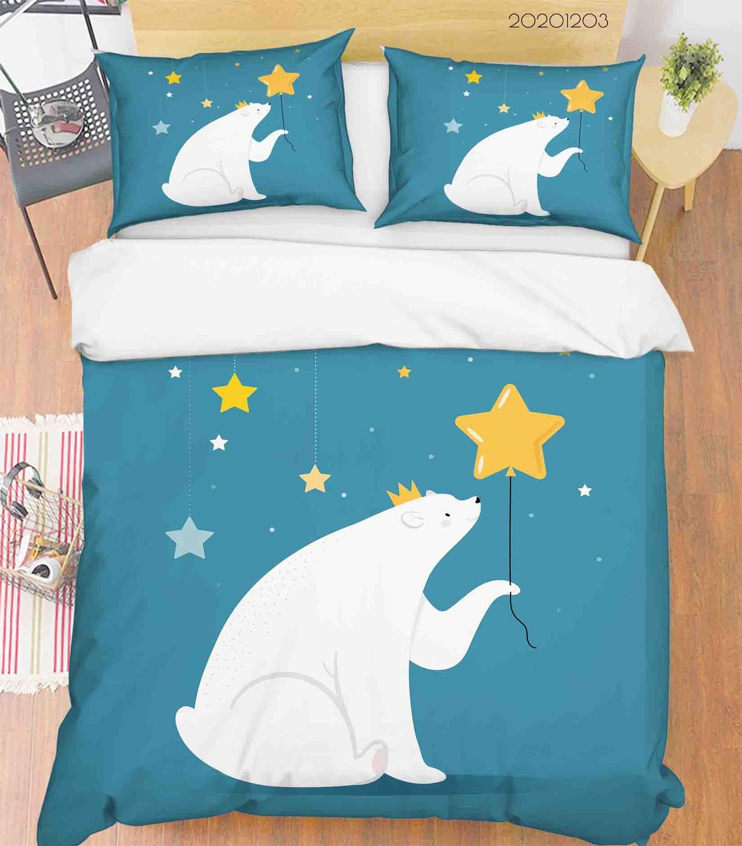 3D Cartoon Blue Night Sky Polar Bear Animal Star Quilt Cover Set Bedding Set Duvet Cover Pillowcases LXL