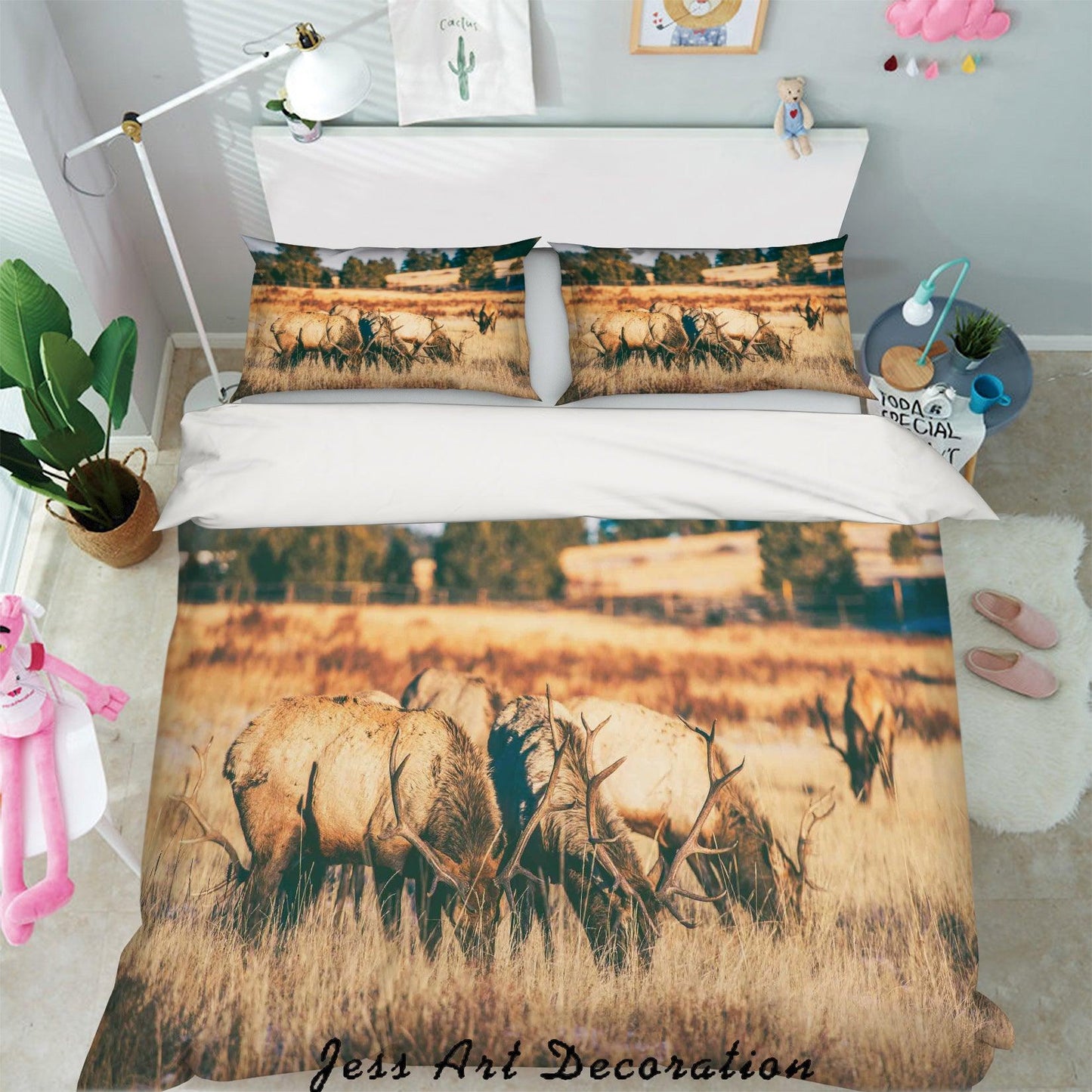 3D Autumn Grassland Reindeer Quilt Cover Set Bedding Set Pillowcases 87