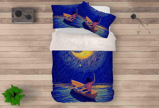 3D Blue Moon Boat Quilt Cover Set Bedding Set Pillowcases 130