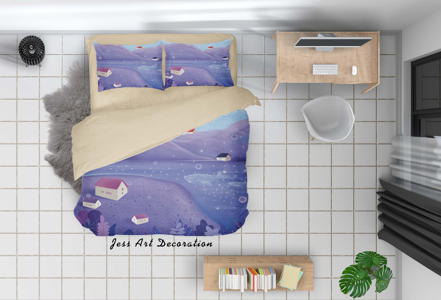 3D Cartoon Purple Hill Lake House Quilt Cover Set Bedding Set Duvet Cover Pillowcases A614 LQH