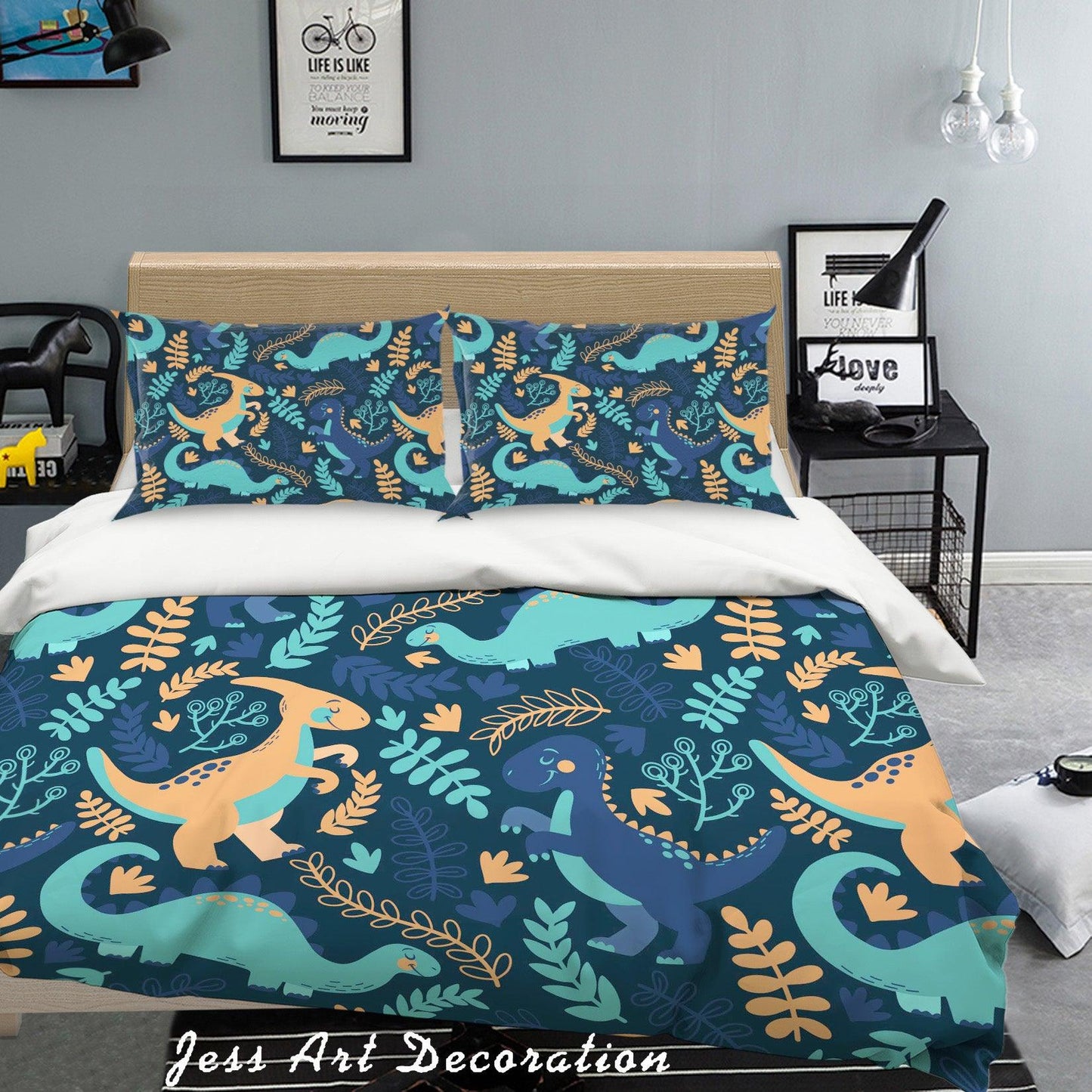 3D Cartoon Dinosaur Blue Quilt Cover Set Bedding Set Pillowcases 36