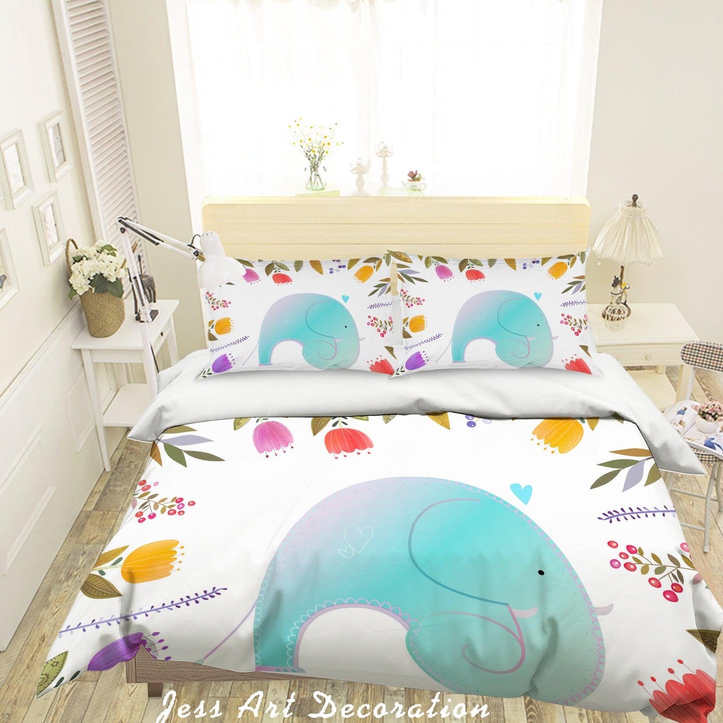 3D Cartoon Elephant Flower Quilt Cover Set Bedding Set Pillowcases 52