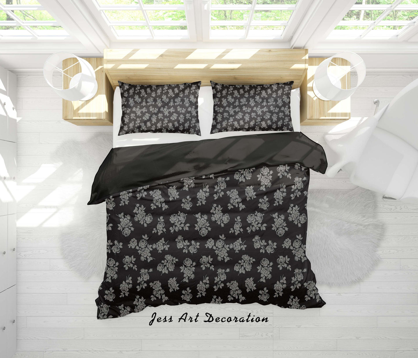 3D Black Floral Quilt Cover Set Bedding Set Duvet Cover Pillowcases SF128