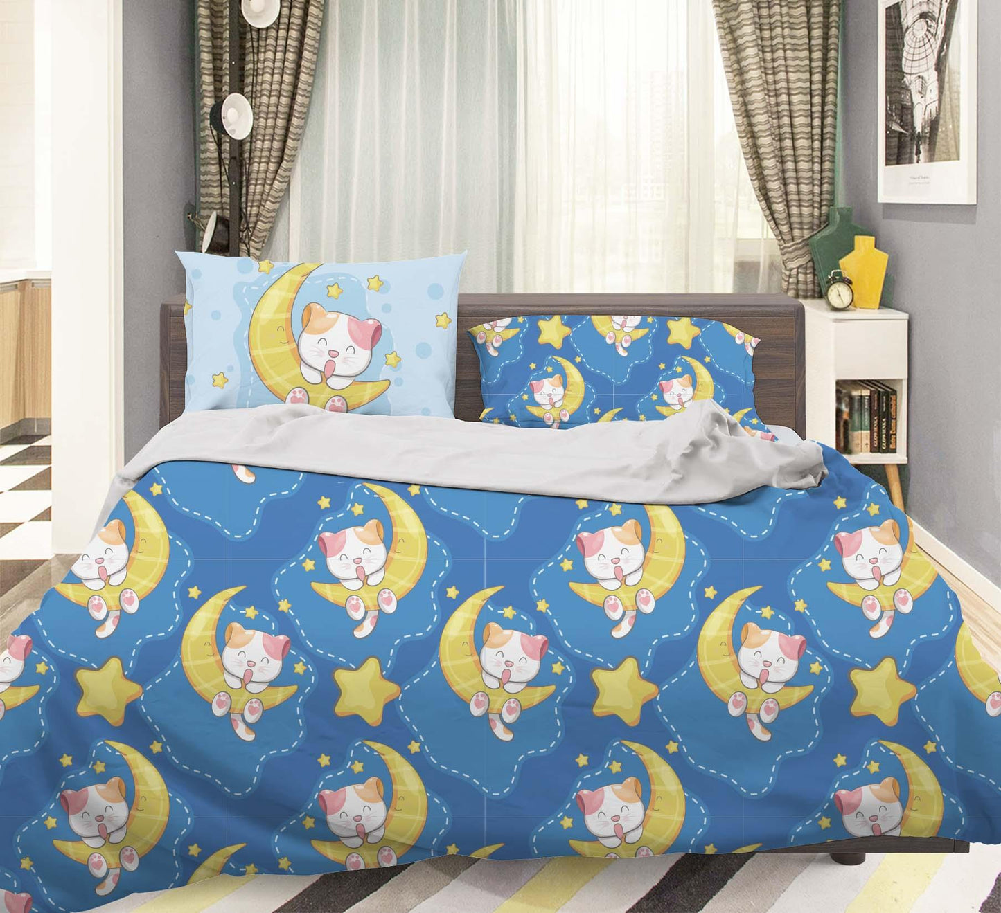 3D Blue Moon Star Cat Kitty Quilt Cover Set Bedding Set Pillowcases 75
