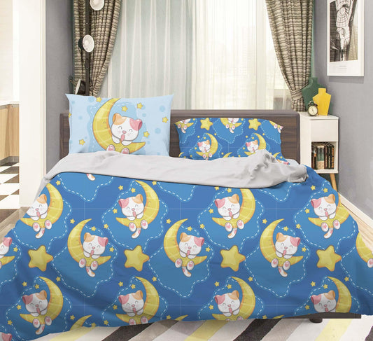 3D Blue Moon Star Cat Kitty Quilt Cover Set Bedding Set Pillowcases 75
