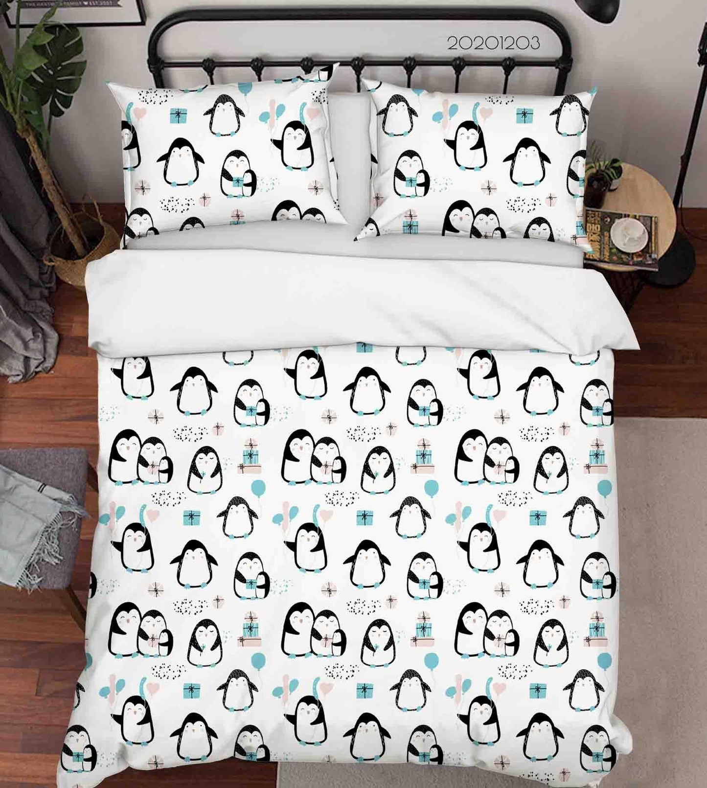 3D Cartoon Hand Drawn Penguin Animal Blue Balloon Quilt Cover Set Bedding Set Duvet Cover Pillowcases LXL
