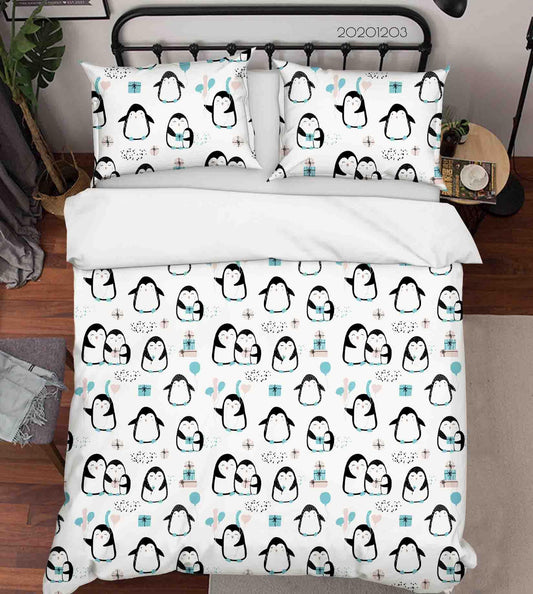 3D Cartoon Hand Drawn Penguin Animal Blue Balloon Quilt Cover Set Bedding Set Duvet Cover Pillowcases LXL