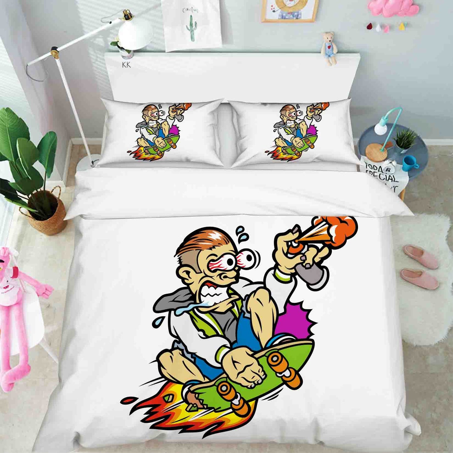 3D Cartoon Person Skateboarding Mist Spray Quilt Cover Set Bedding Set Duvet Cover Pillowcase 375