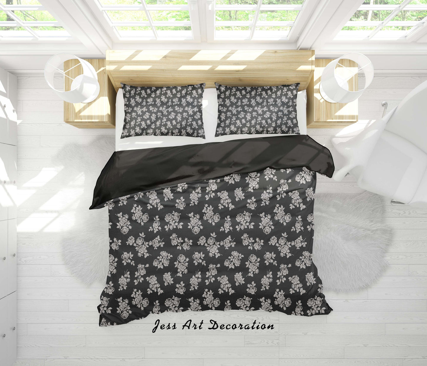 3D Black Rose Floral Quilt Cover Set Bedding Set Duvet Cover Pillowcases SF129