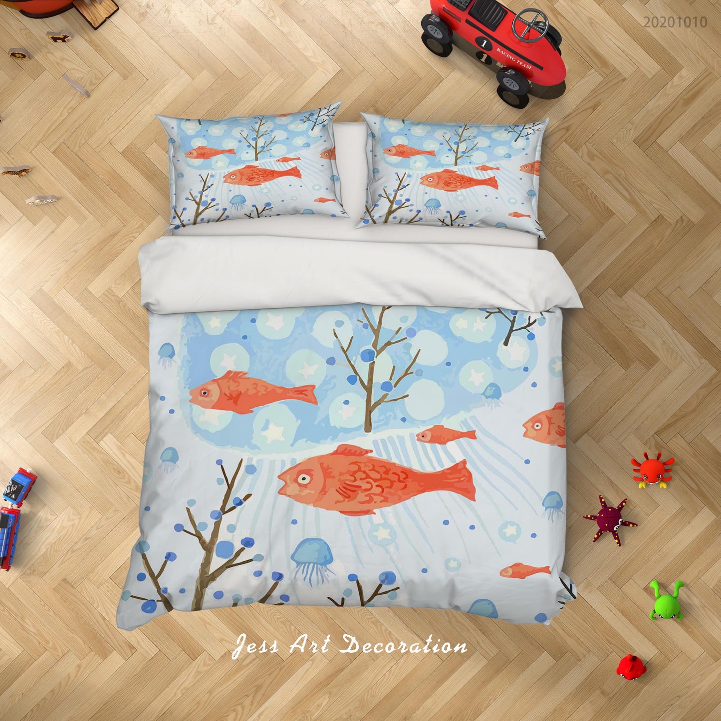 3D Cartoon Cute Fishes Leaves Quilt Cover Set Bedding Set Duvet Cover Pillowcases WJ 9574