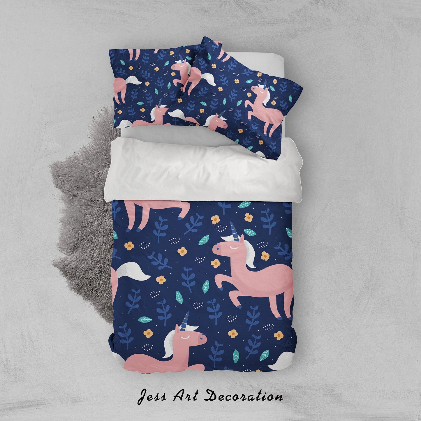 3D Blue Unicorn Floral Leaves Quilt Cover Set Bedding Set Pillowcases 79