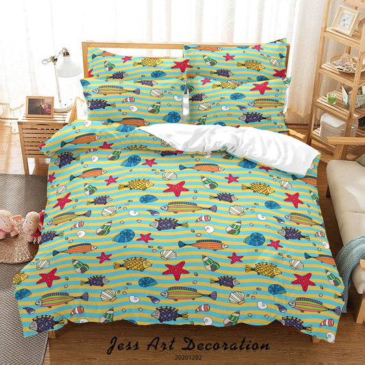 3D Cartoon Ocean Colorful Fish Shell Starfish  Conch Pattern Green Quilt Cover Set Bedding Set Duvet Cover Pillowcases LXL