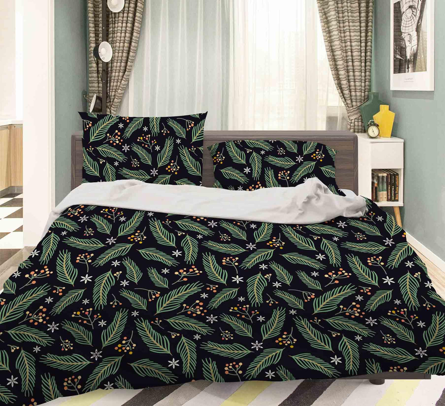 3D Black Green Floral Leaves Quilt Cover Set Bedding Set Pillowcases 22