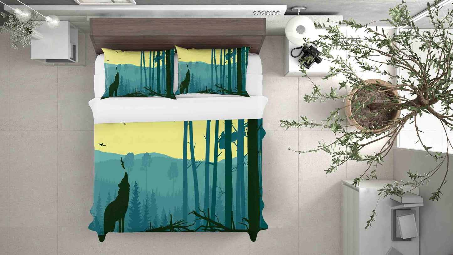 3D Cartoon Green Forest Animal Wolf Quilt Cover Set Bedding Set Duvet Cover Pillowcases 45 LQH