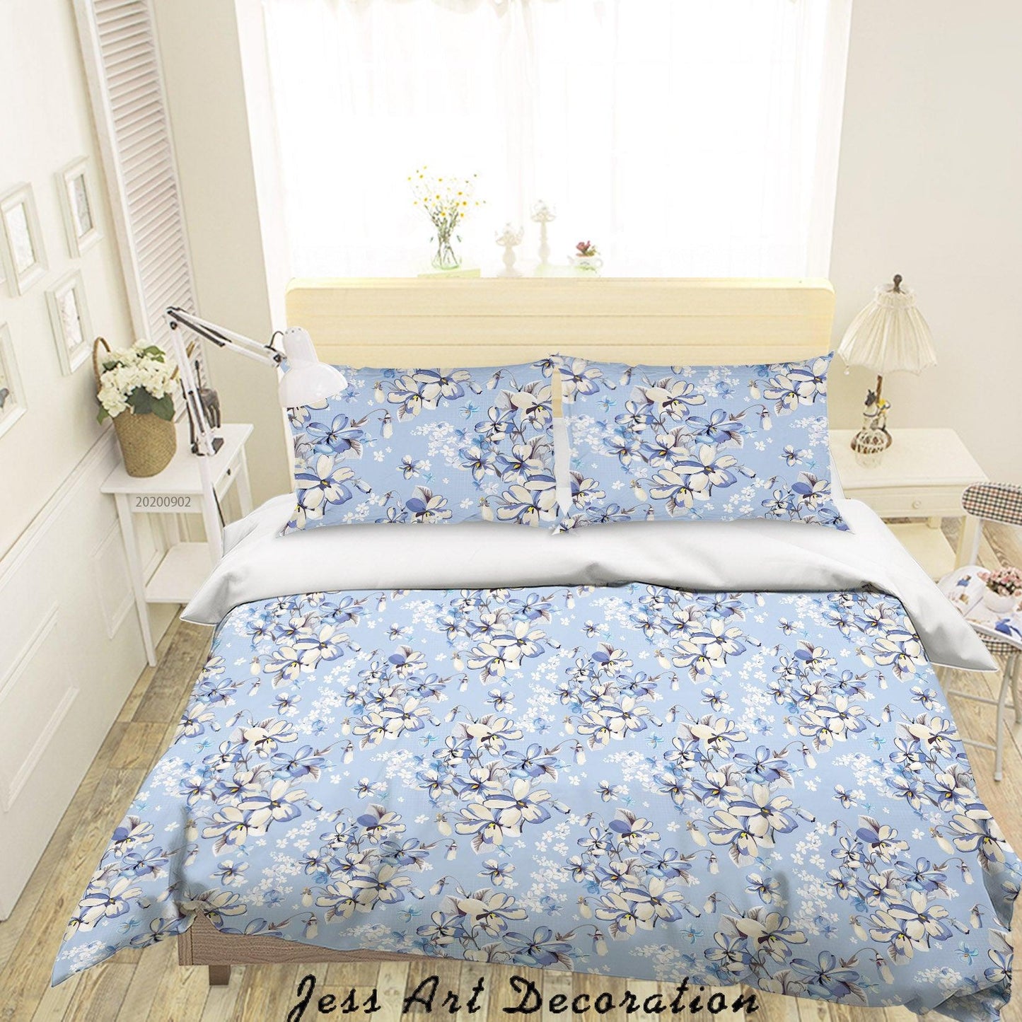 3D Blue Flowers Leaves Pattern Quilt Cover Set Bedding Set Duvet Cover Pillowcases WJ 1430
