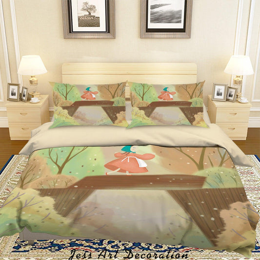 3D Cartoon Girl Bridge Tree Quilt Cover Set Bedding Set Duvet Cover Pillowcases A592 LQH