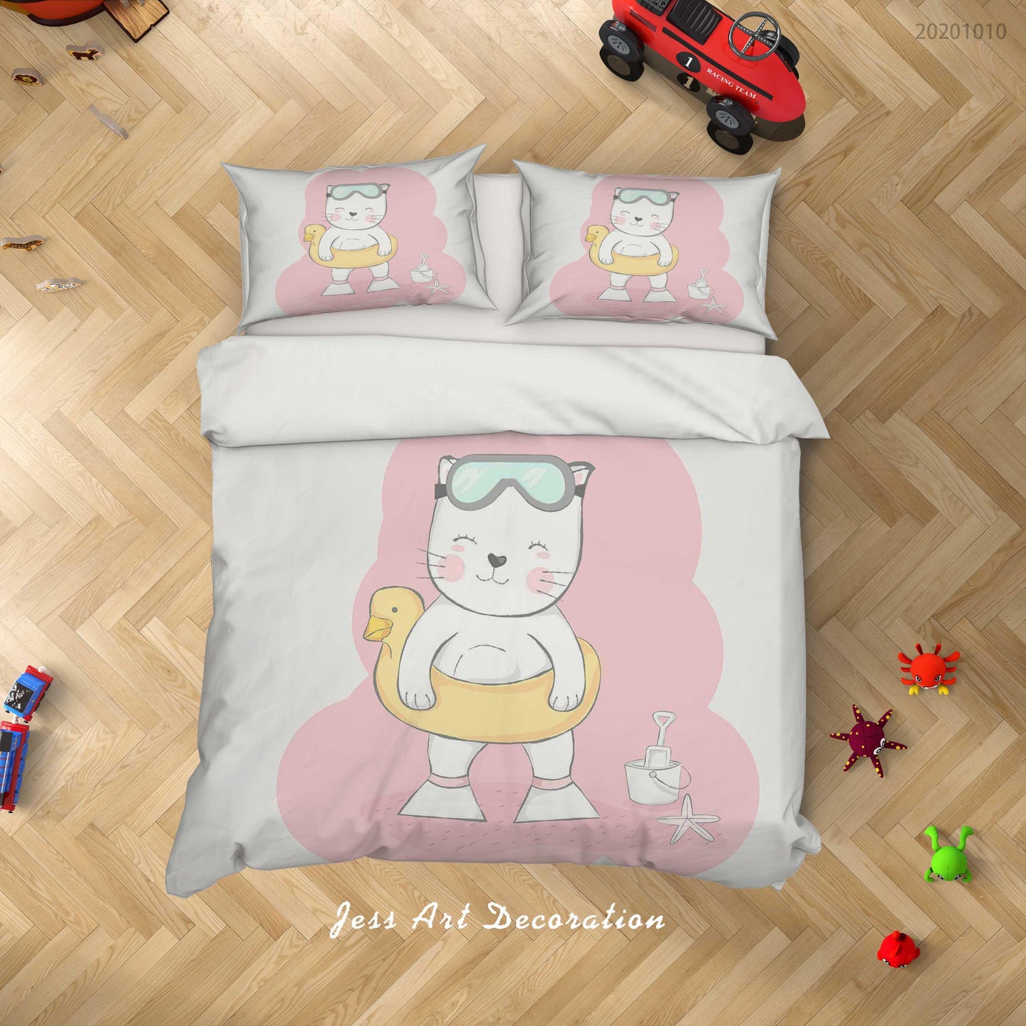 3D Cartoon Cute Animal Cat Swimming Quilt Cover Set Bedding Set Duvet Cover Pillowcases WJ 9513