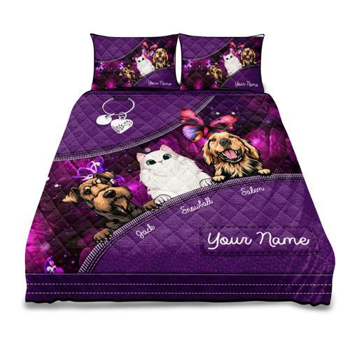 Cat And Dog Butterflies Purple Personalized Quilt Bedding Set