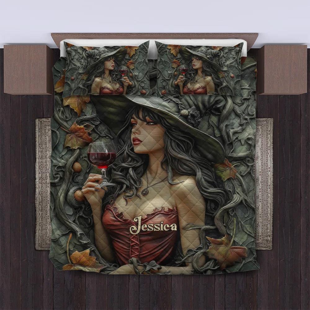 Beatiful Witch And Wine Personalized Witch Quilt Bedding Set