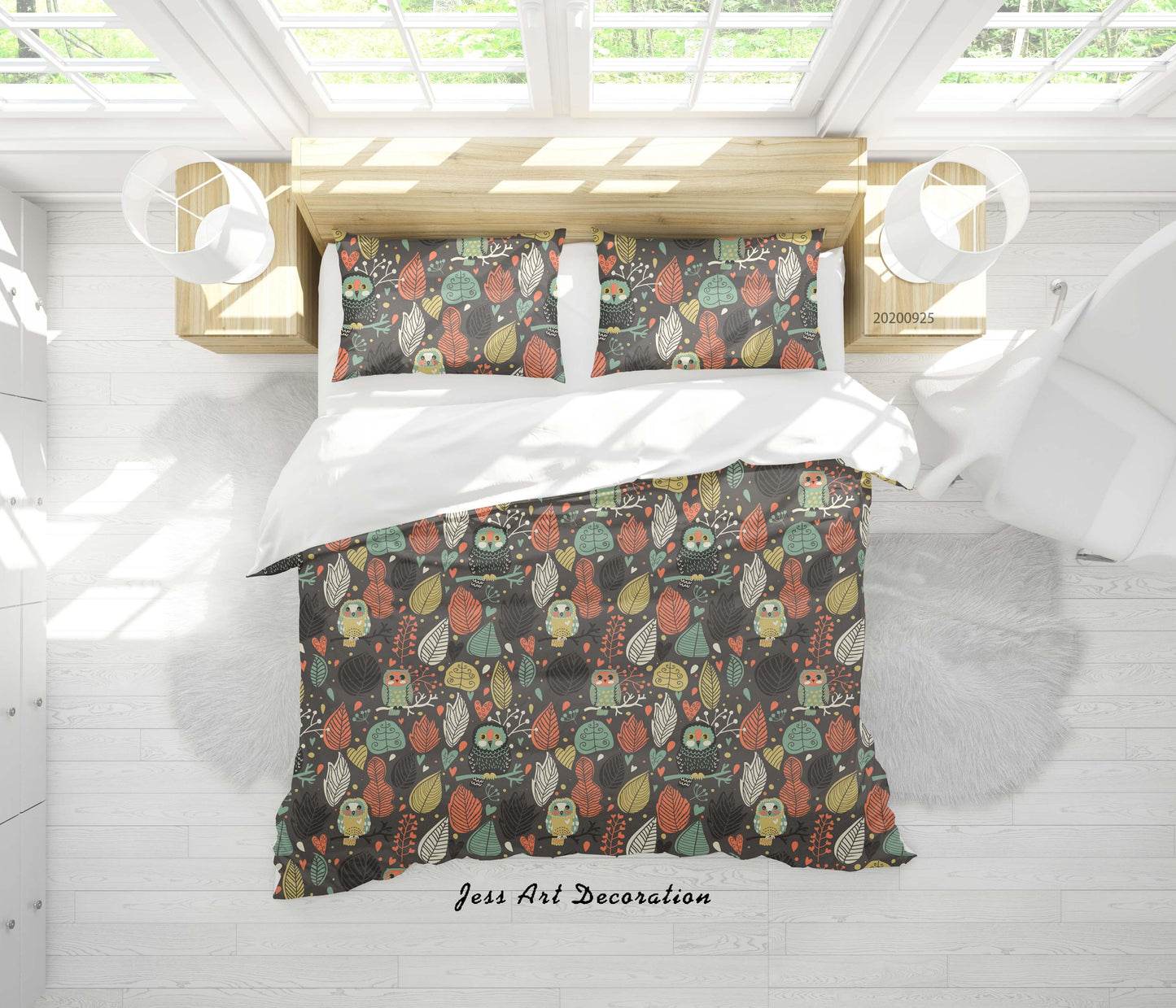 3D Cartoon Animal Owl Leaves Pattern Quilt Cover Set Bedding Set Duvet Cover Pillowcases WJ 6477