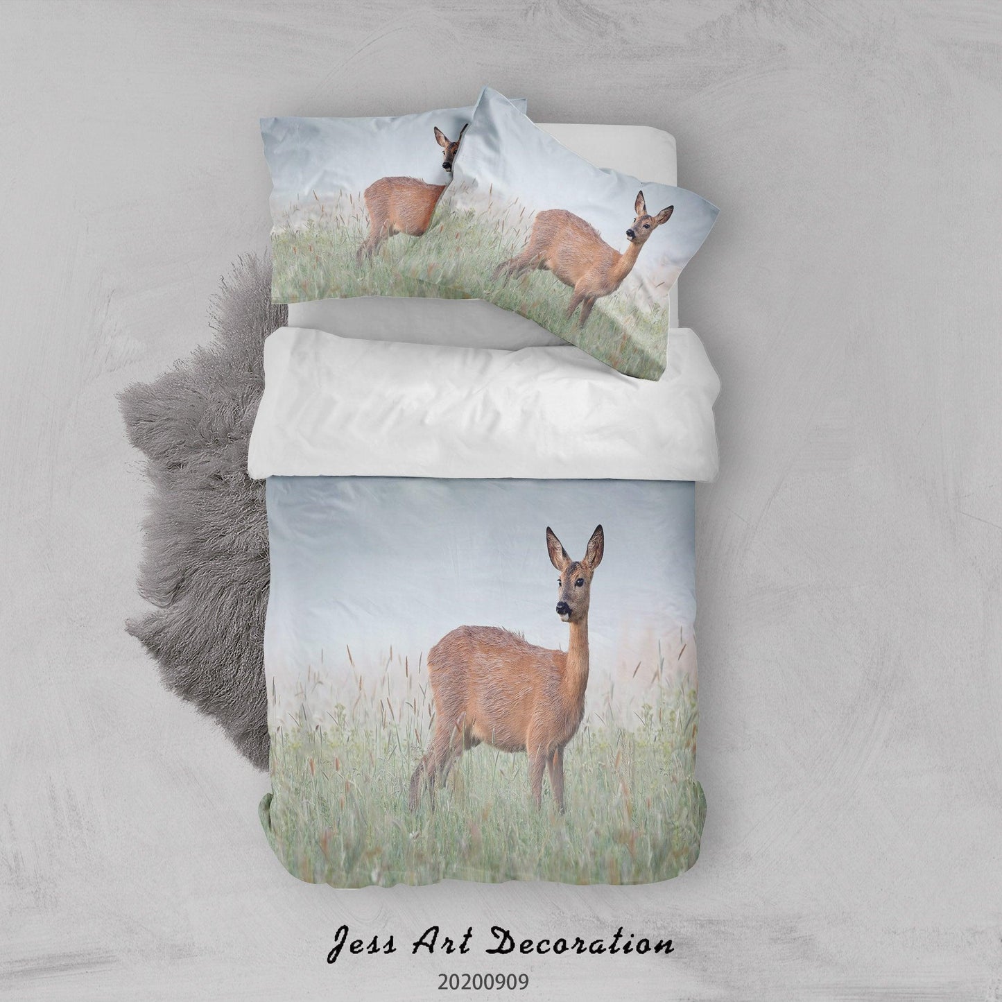 3D Beautiful Deer Green Meadow Quilt Cover Set Bedding Set Duvet Cover Pillowcases WJ 1907