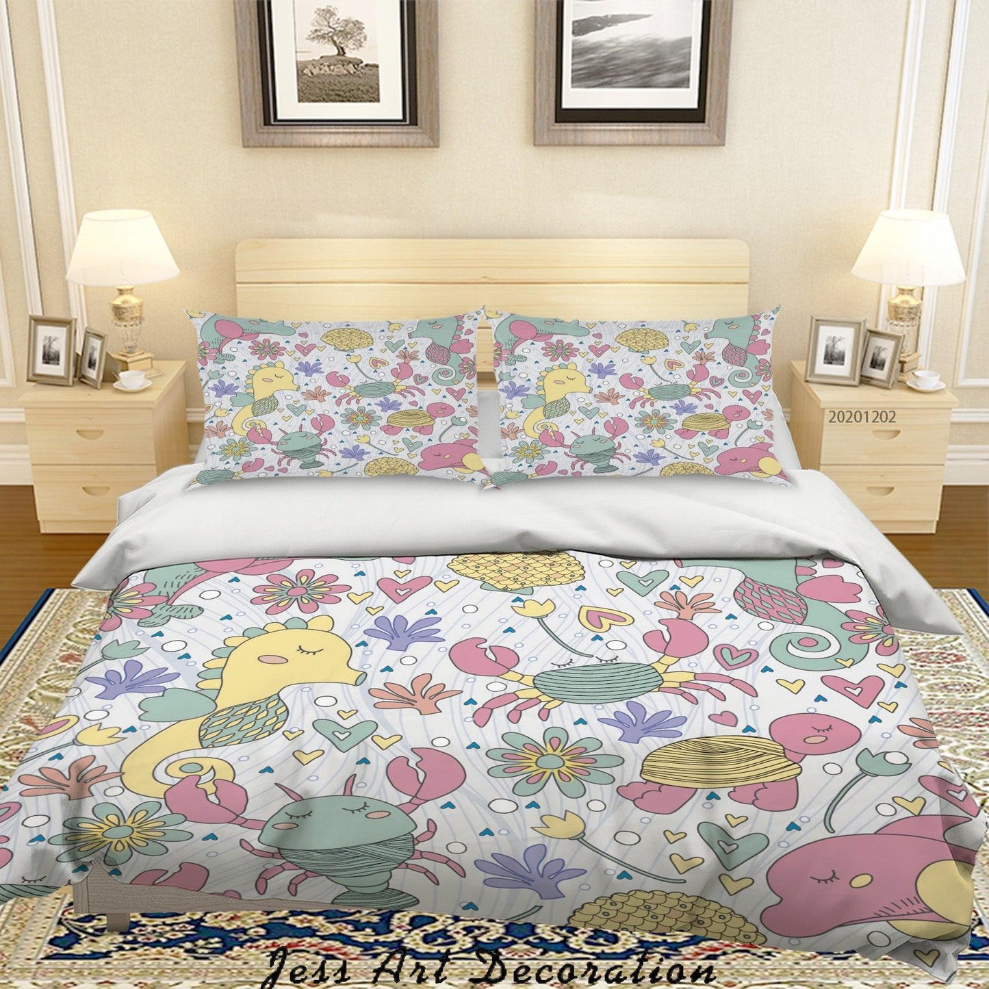3D Cartoon Hand Drawn Colorful Floral Ocean Hippocampus Fish Quilt Cover Set Bedding Set Duvet Cover Pillowcases LXL
